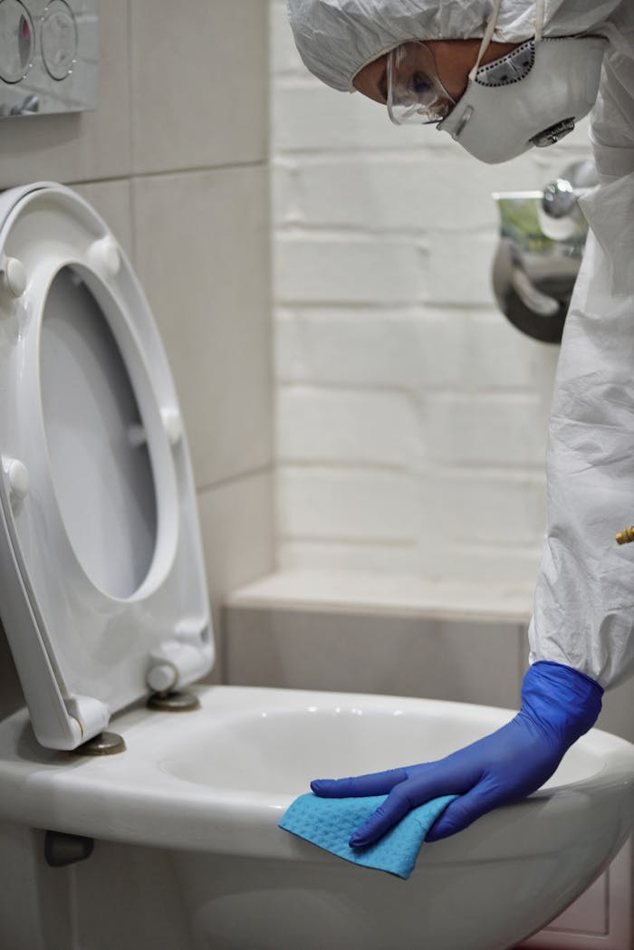 Person in protective gear cleaning a toilet for sanitation and safety.